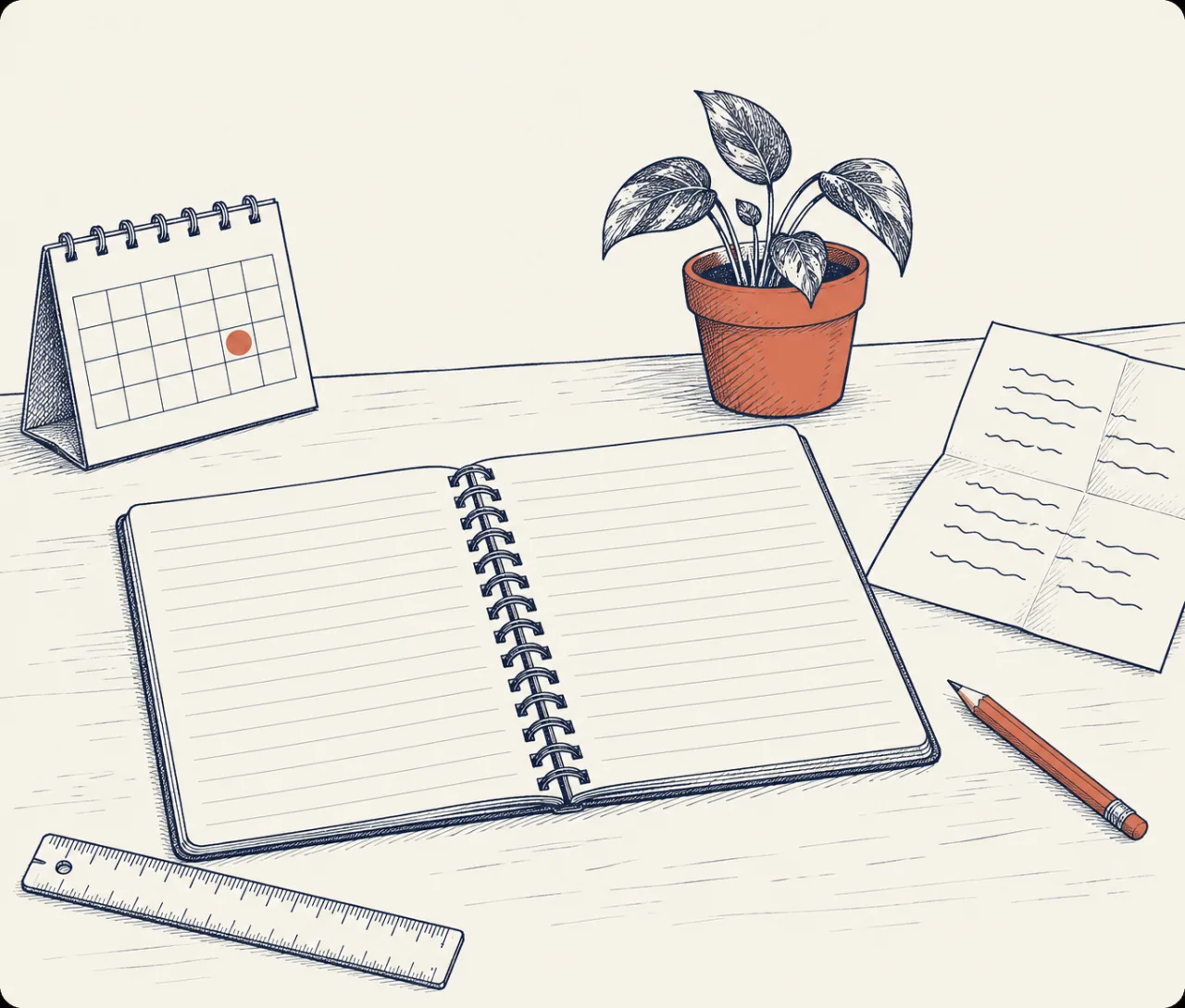 Quaderno a spirale aperto su una scrivania, con calendario da tavolo, pianta in vaso, foglio piegato, matita e righello
